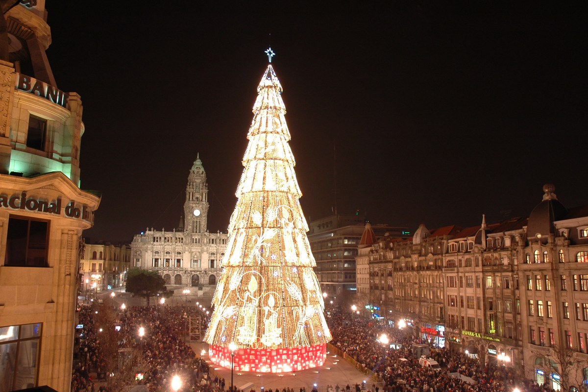 Avenida dos Aliados at night on New Year's Eve, with the lit tree and a dense crowd